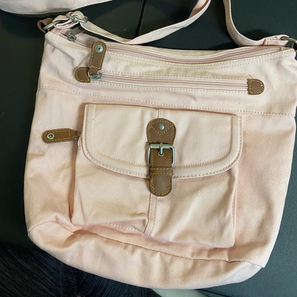 Pink Crossbody with Pockets and Brown Faux Leather